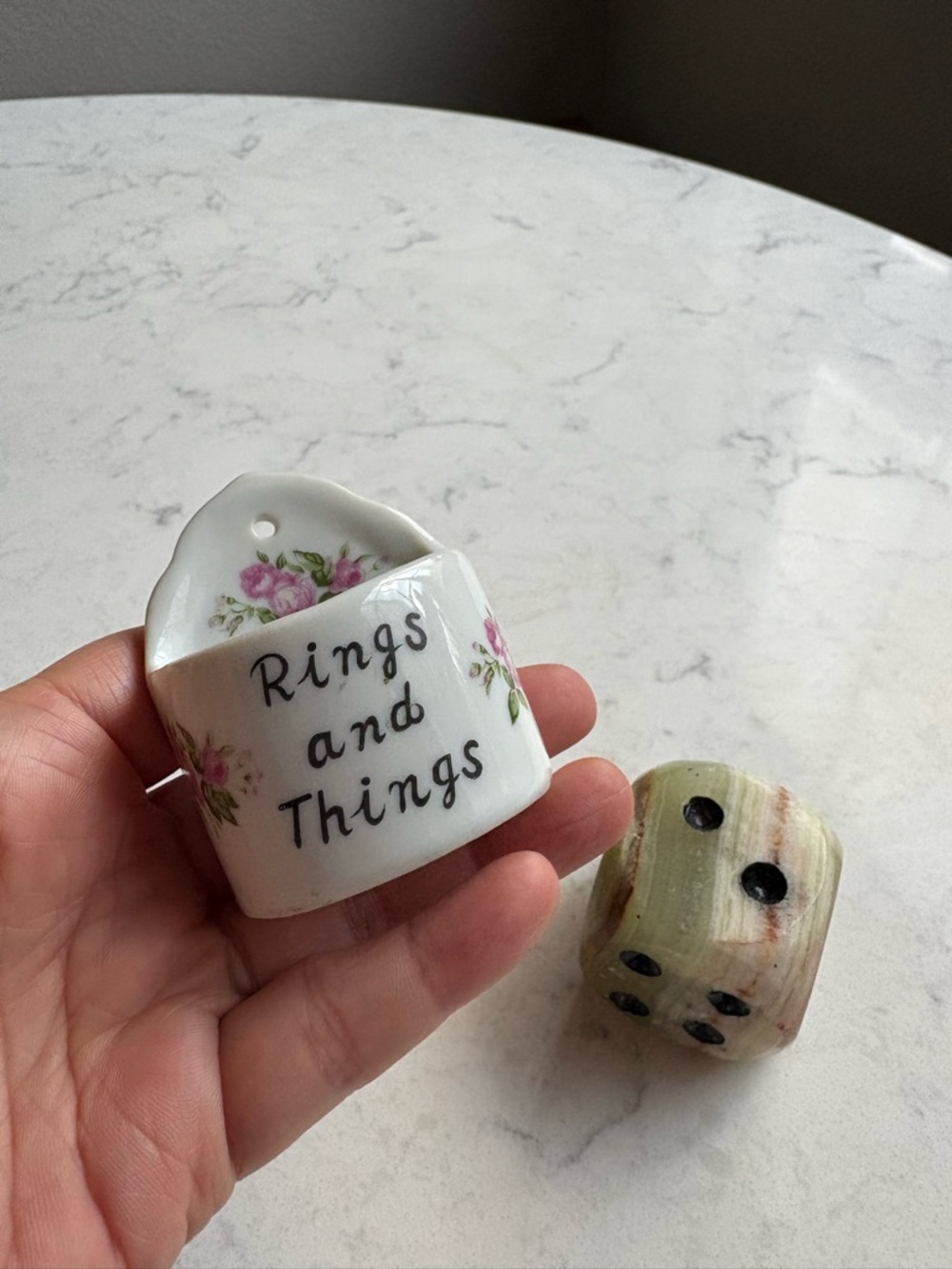 Vintage Ceramic 'Rings and Things' Trinket Holder - White with Pink Floral